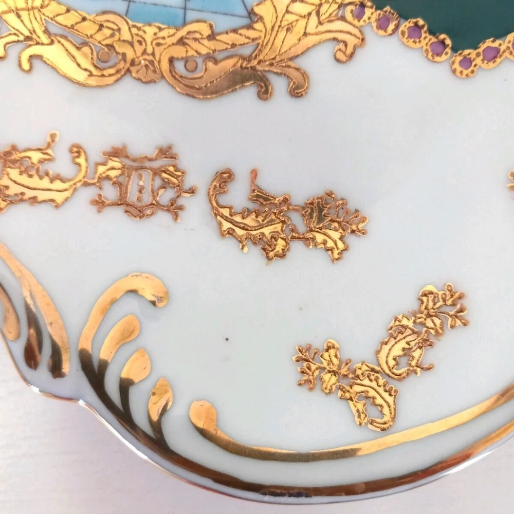 Ornate Gold Gilt Porcelain Handled Plate Green Victorian Romantic Scene